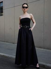 Siren Gaze Women's Summer Black Top-Tight And Bottom-Wide Knitted Splicing Woven Casual Dress With Side Pockets