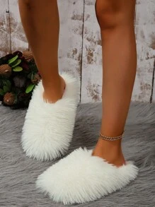 Zapatillas de casa de piel larga y esponjosa de peso ligero, cómodas y de moda para mujer en otoño/invierno, en blanco, naranja y rosa rojo, para usar en interiores y dormitorio con suela silenciosa - Blanco - Ver 7