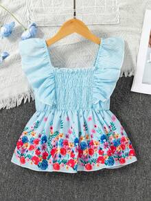 SHEIN Áo sơ mi tay lửng in hoa sọc dọc cho bé gái - Nhiều màu - Xem 2