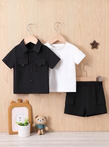Baby Boy's Solid Color Short Sleeve Shirt And Shorts Set - Black - View 3