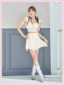 SHEINNeu Balletcore Bow Kawaii Floral Lace Asymmetric Hem Summer Sets Two-Piece Outfit - Apricot - View 4