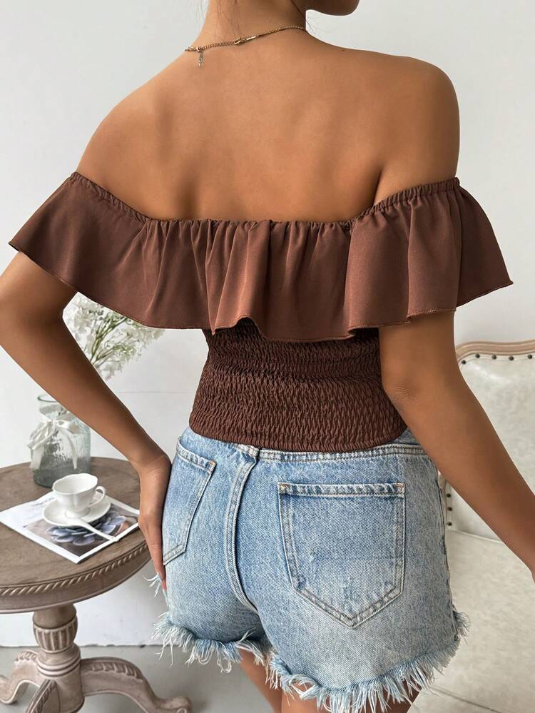 Women's Off Shoulder Flower Embroidered Back Shirred Crop Blouse With Short Sleeves