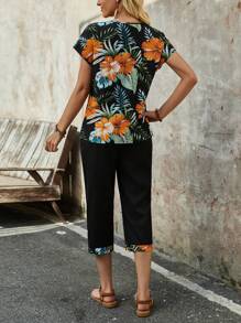 EMERY ROSE Ladies' Tropical Plant Printed Front Zipper Short-Sleeve Shirt And Trousers Set