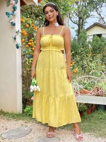 Dreamara Plus Size Women's Frill Edge Spaghetti Strap Dress - Yellow - View 5