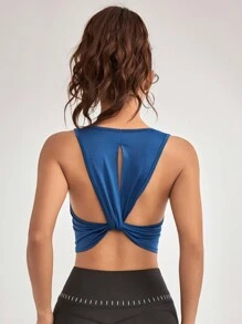 Easithlete Twist Knot Back Cropped Sports Tank Top Gym Top Fitted Shirt - Blue - View 3