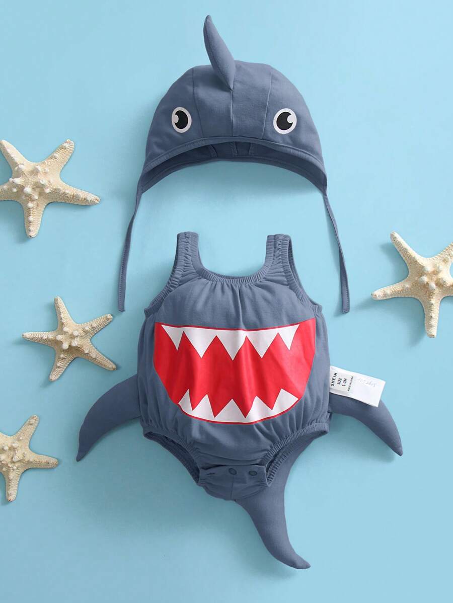 SHEIN Atuendo Adorable Y Cómodo En Forma De Tiburón Para Bebé Niño - Azul - Ver 1