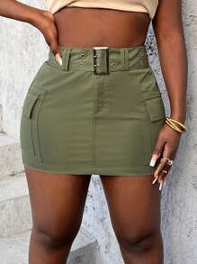 Slaydiva Belted Pocketed Utility Mini Skirt