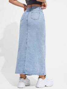 SHEIN EZwear Women's Light Blue Washed Denim Slit A-Line Skirt - Light Wash - View 2