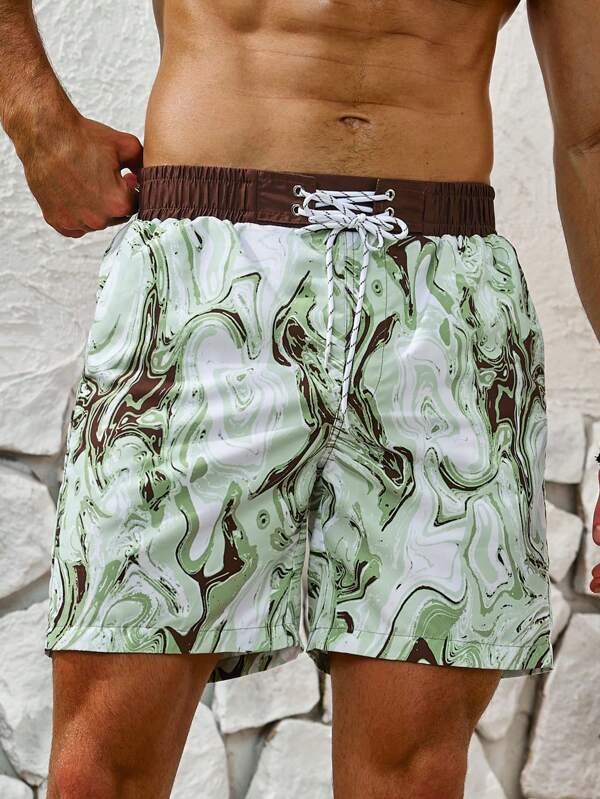 Manfinity KASUA Shorts De Playa Para Hombre Con Estampado De Mármol Y Cintura Con Cordón