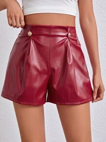 SHEIN Essnce Của phụ nữ chất liệu da PU Nút Đồ trang trí Quần short - Đỏ - Xem 1