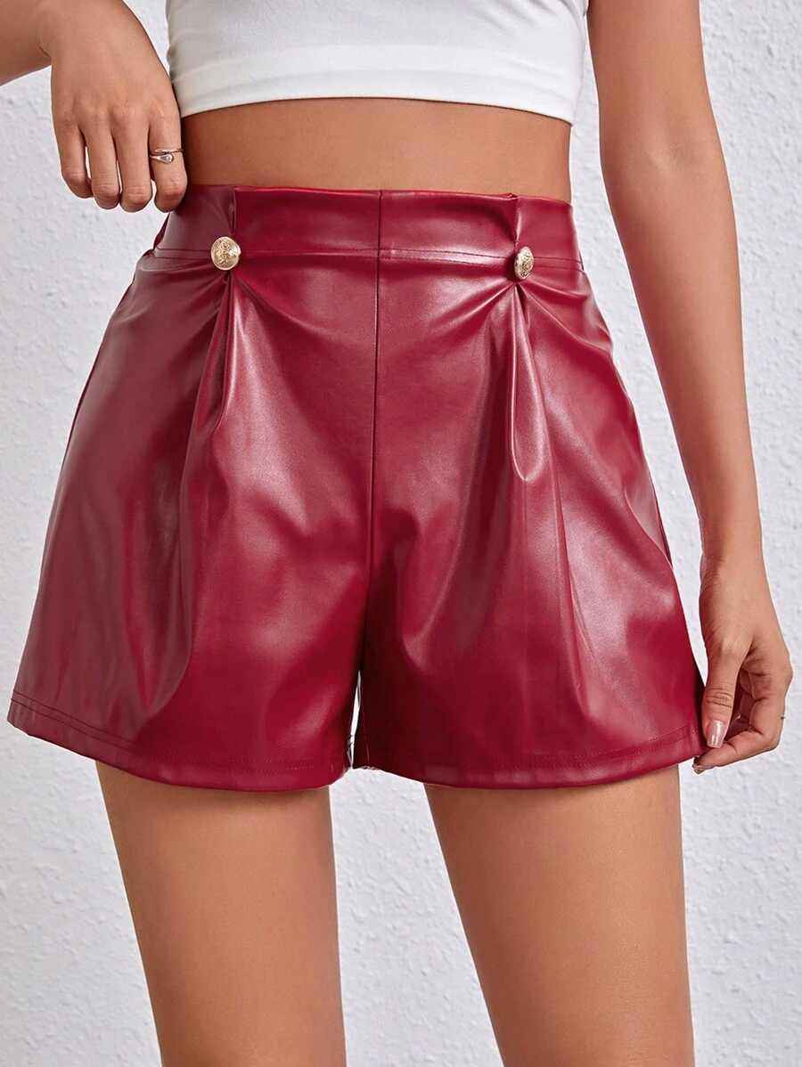 SHEIN Essnce Của phụ nữ chất liệu da PU Nút Đồ trang trí Quần short - Đỏ - Xem 1