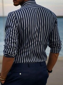 Manfinity Mode Men's Striped Graphic Designer Collar Long Sleeve Shirt, For Husband, Work, Daddy, Fall - Blue - View 2