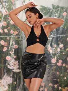 Zolique Của phụ nữ Xếp li Halter Neck Buộc lại Áo ba lỗ - màu đen - Xem 3