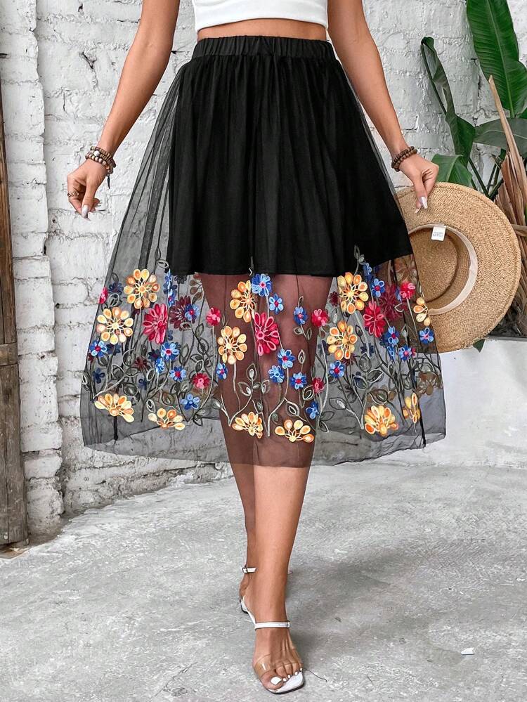 Women's Floral Embroidery Mesh Skirt