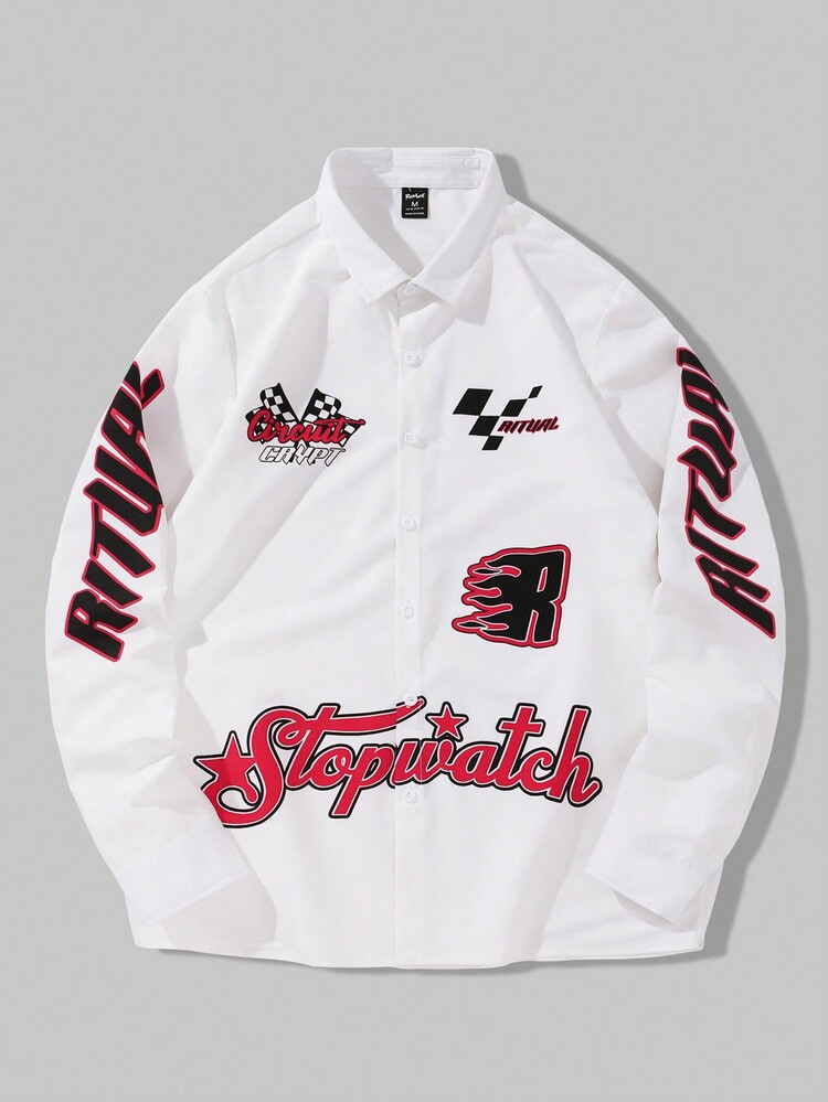 ROMWE MEN Street Life 男士休閒長袖襯衫,帶有字母印花 - 白色 - 查看 1