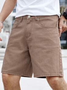 Manfinity Homme Nam Màu thuần Quần short Denim Với Nghiêng Túi - Cà phê nâu - Xem 1