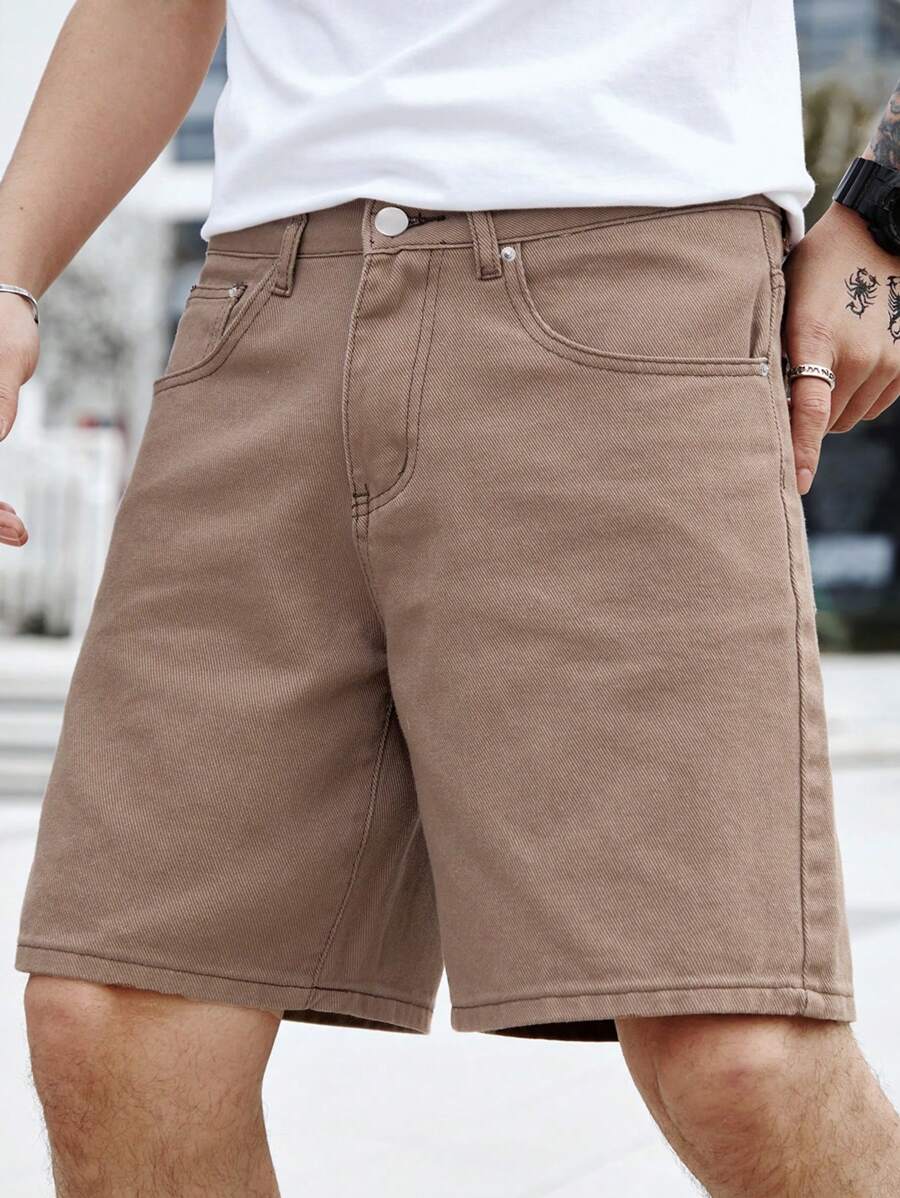 Manfinity Homme Nam Màu thuần Quần short Denim Với Nghiêng Túi - Cà phê nâu - Xem 1