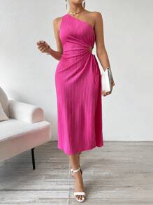 Rafferiza Đầm Maxi hở vai không tay xẻ tà cho nữ - Màu Hồng Tươi - Xem 6
