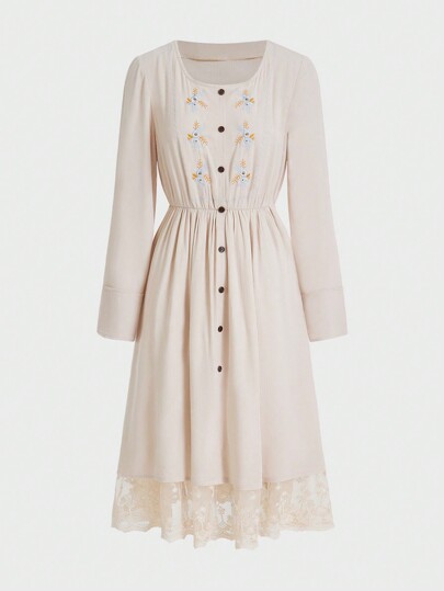 J-Fashion Women's Floral Embroidery Square Neckline Dress