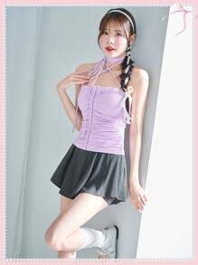 SHEINNeu 薰衣草色夏季芭蕾蝴蝶结褶饰露背系带抹胸情人节服装夏季上衣 - 淡紫色 - 查看 6