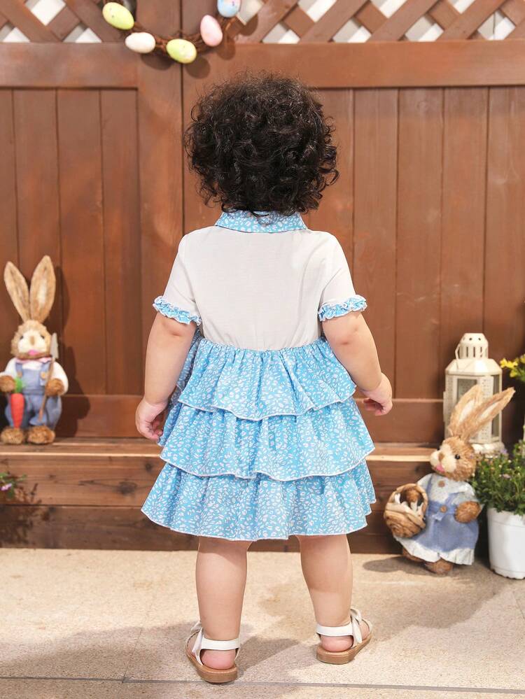 Baby Girl Casual And Lovely Color Block Peter Pan Collar Short Sleeve Layered Dress