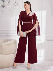 Modelyn Burgundy Red Women's Deep Red Asymmetric Collar Mesh Jumpsuit - Burgundy - View 8