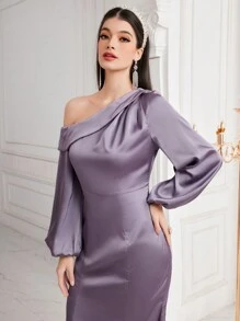 Modelyn 女士不对称领口灯笼袖美人鱼连衣裙长款晚礼服 - 淡紫色 - 查看 6