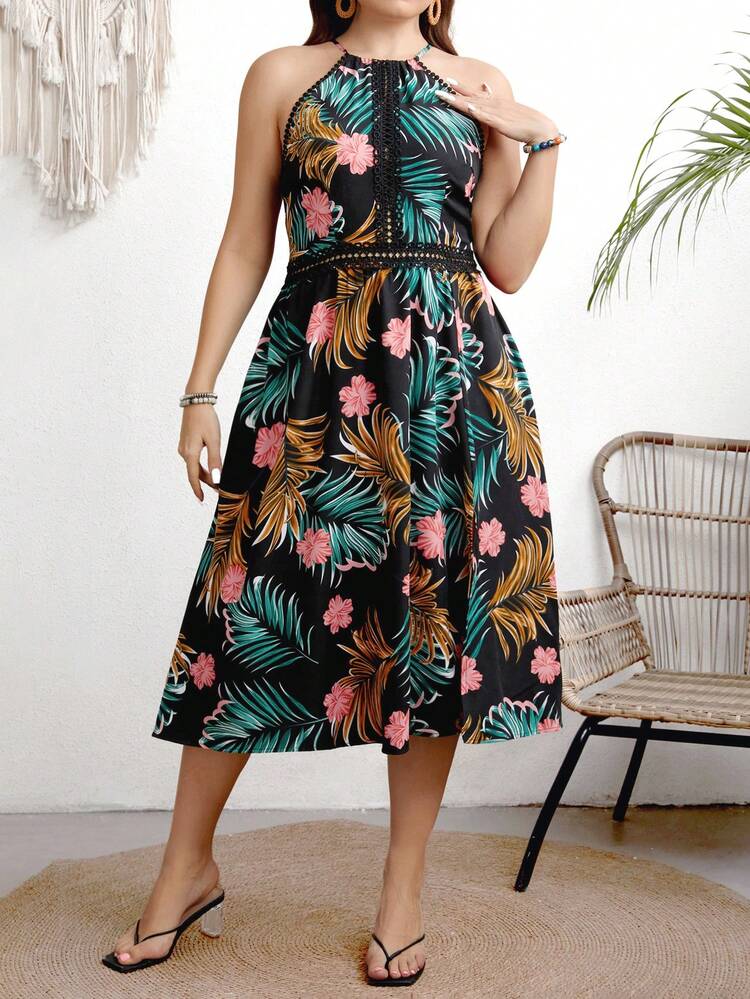 Plus Size Women's Planted Print Halter Neck Split Dress