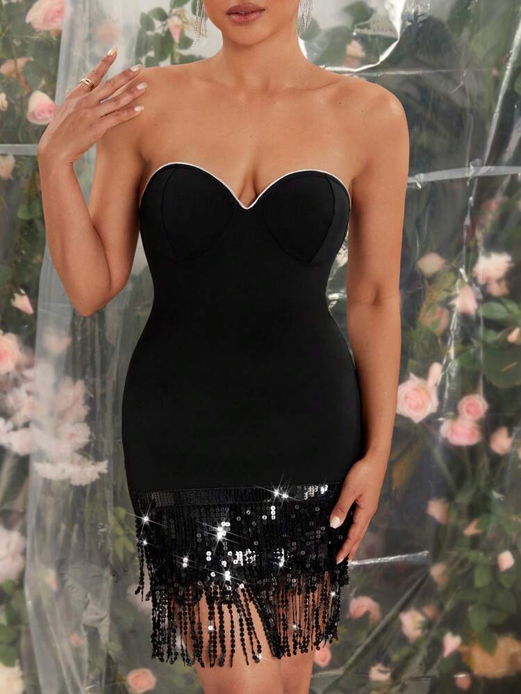 Beaded Tassel Patchwork Strapless Cocktail Party Dress