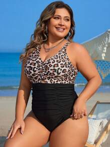 Swim Lushoire 1pc Plus Size Women Leopard Print Ruched One-Piece Swimsuit, 2025 Summer - Multicolor - View 5