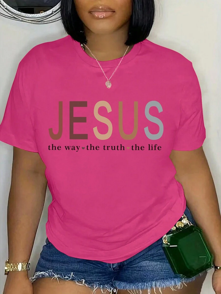 SHEIN Slayr 大码女式字母印花短袖 T 恤，耶稣之路真理生命 - 玫紅色 - 查看 1