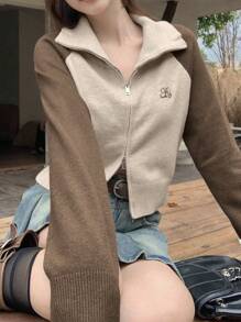 Áo khoác cardigan nữ kiểu Hàn Quốc mùa thu mới, thêu chữ thủ công, phối màu tương phản, phong cách thường ngày. - Cà phê nâu - Xem 1