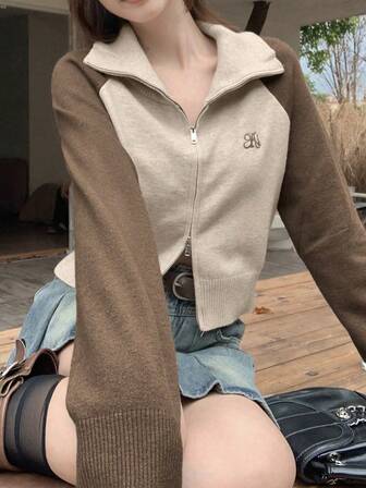 Rikumo 韩国秋季新款手工字母刺绣撞色女式开衫