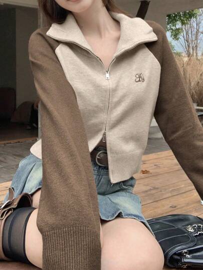 Korean Autumn New Style Handmade Letter Embroidery Contrast Color Women's Cardigan