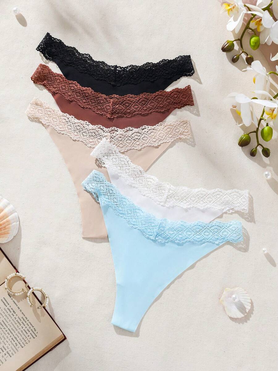 SHEIN خمسة قطع/ مجموعة من سروال الثونغ للنساء بلون صلب وتفصيل دانتيل