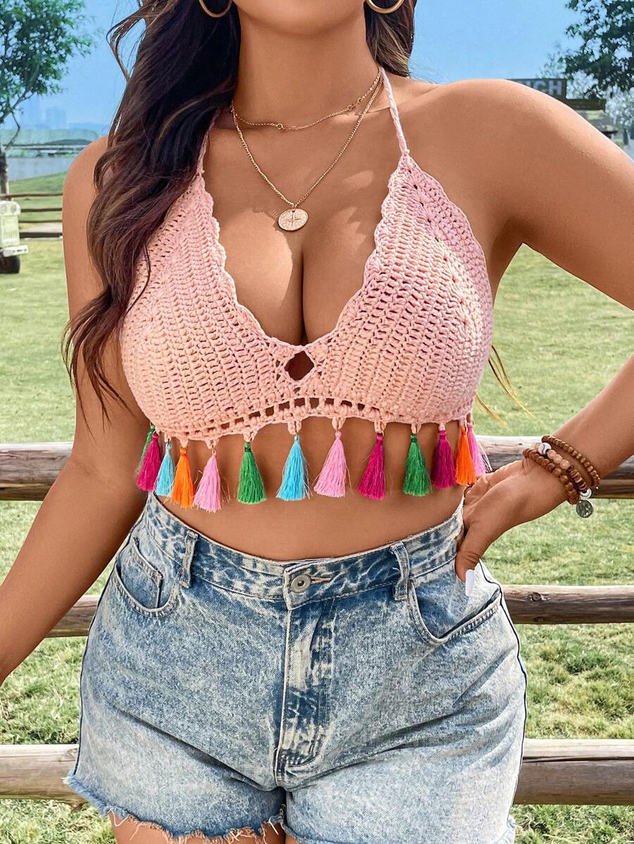 SHEIN Swim Curve 大码女式拼接流苏下摆露背罩衫 夏季 - 粉色 - 查看 1