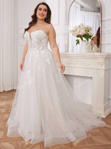 Vestido de novia elegante talla grande con corsé de tul bordado para la novia