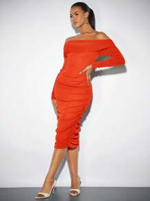SHEIN BAE Women's Off Shoulder Long Sleeve Bodycon Dress - Orange - View 5