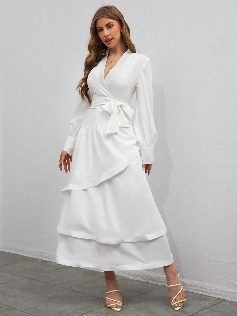 SHEIN Privé Women Valentine Day Multi-Layered 3D Ruffled Fishtail Wrap Dress - White - View 1