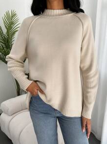 EURMUSE Mock Neck Raglan Sleeve Sweater - Beige - View 5