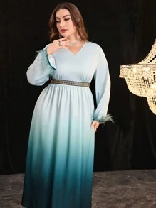 Modelyn 大码女式渐变袖口拼接毛绒连衣裙长款晚礼服 - 彩色 - 查看 1