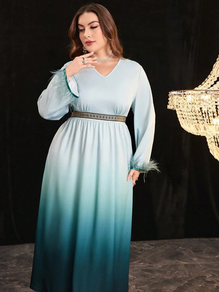 Plus Size Women's Gradient Sleeve Cuff Splice Furry Dress Long Evening Dresses Fall Cloth For Women