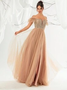 VIPGIRL Green Off-Shoulder Mesh Sequin A-Line High Slit Long Dress Evening Gown - Brown - View 5