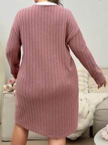 Robe de chambre en tricot côtelé à boutons devant, style color block, confortable, pour l'automne et l'hiver, grande taille - Vieux Rose - Voir 2