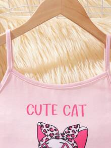 SHEIN 預/青少女用針織貓紋背心與針織寬鬆短褲,家居服2入組 - 粉色 - 查看 3