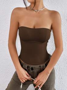 SHEIN EZwear Solid Color Ribbed Knit Women's Tube Top - Brown - View 4