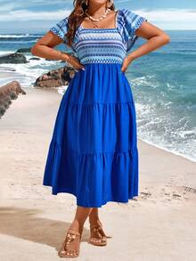 Flirla 大尺碼女用荷葉邊幾何印花短袖連身裙 - 藍色 - 查看 5