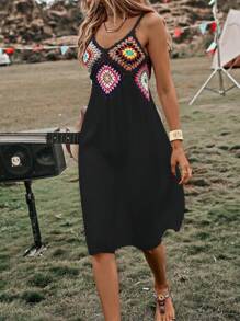 SHEIN Swim 幾何圖案勾織拼接吊帶罩衫連衣裙 - 黑色 - 查看 6