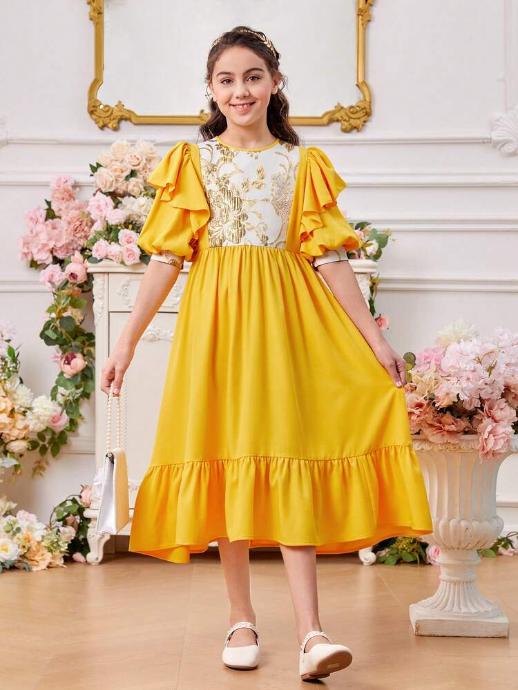 Tween Girls' Round Neck Lantern Sleeve Floral Jacquard Dress With Ruffle Details