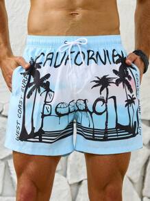 Manfinity Uomo Pantaloncini Da Mare Con Stampa Albero Di Cocco E Lettere Con Coulisse In Vita